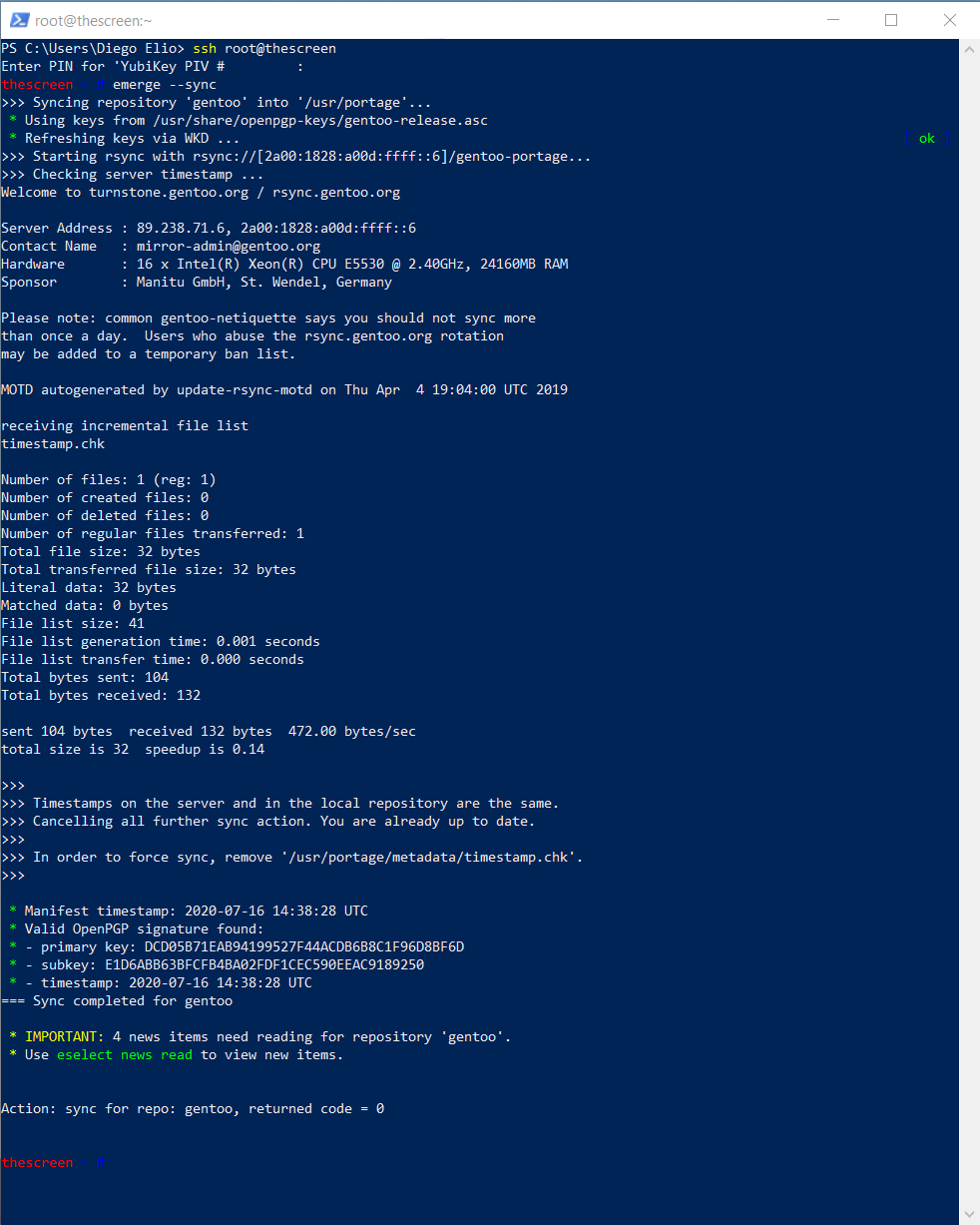 Screenshot of Windows PowerShell using a YubiKey 5 to authenticate to a Gentoo Linux system.