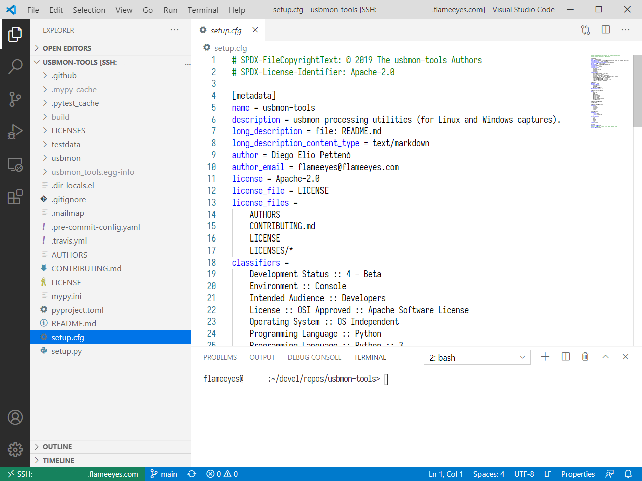 Screenshot of Visual Studio Code showing a remote SSH connection to my Linux NUC with usbmon-tool open.