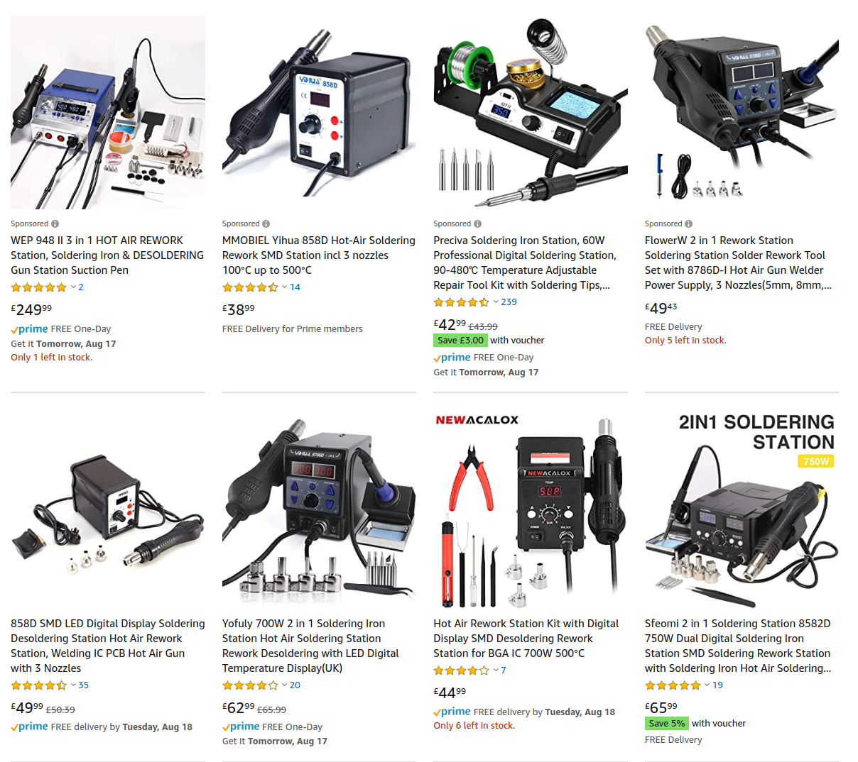 A screenshot for Amazon UK searching for "hot air solder station"