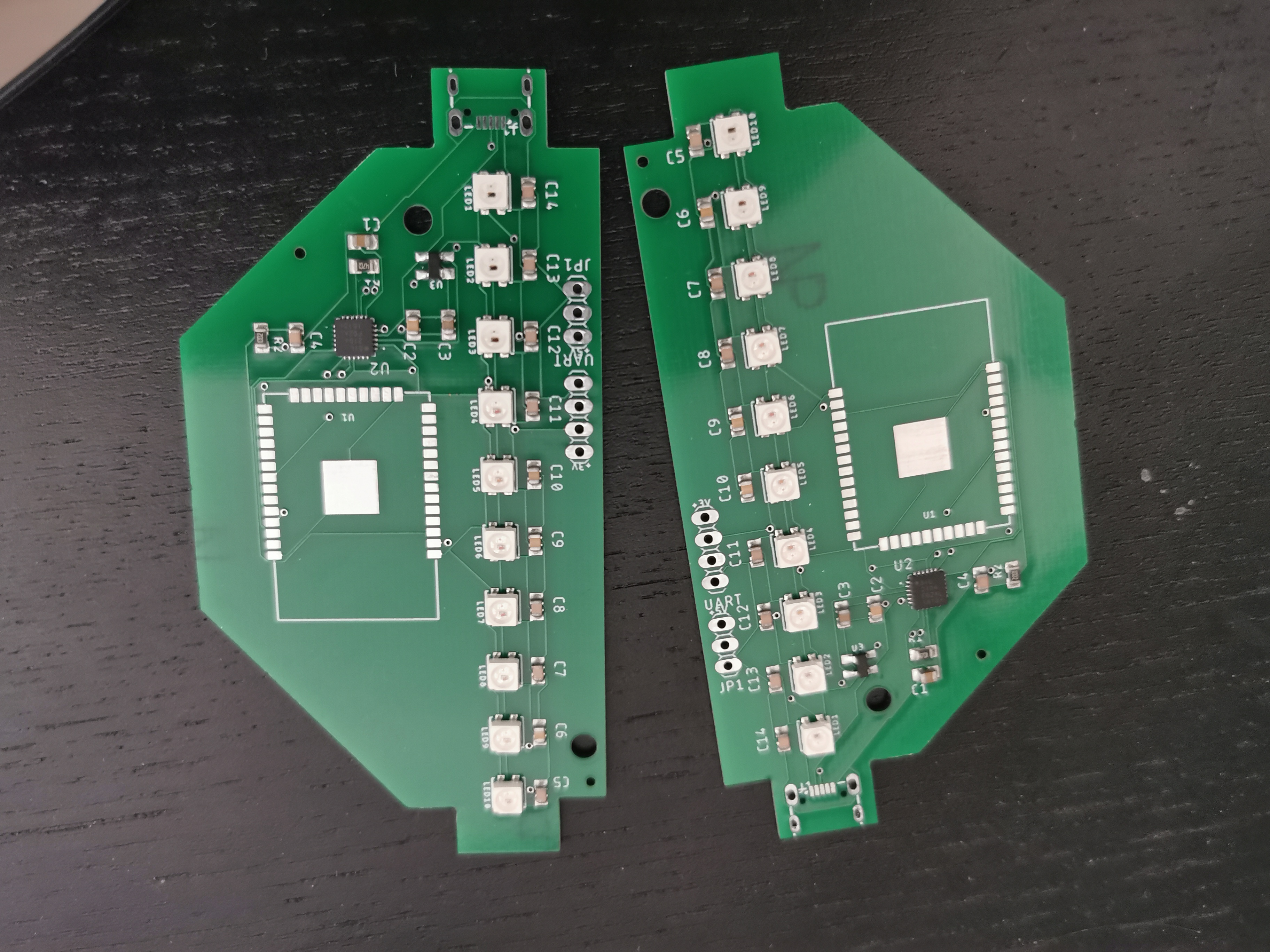 A pictures of two SMT-manufactured Acrylic lamp boards side-by-side.
These were unusable.