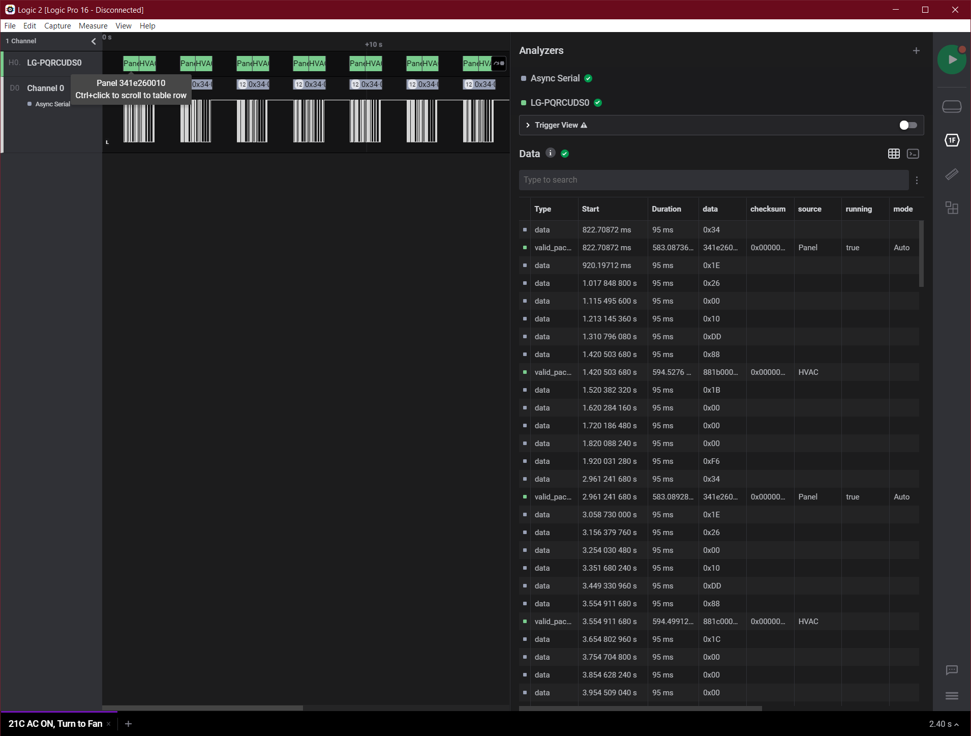 A screenshot of the Logic 2 software showing an analyzed trace with the high level analyzer loaded.