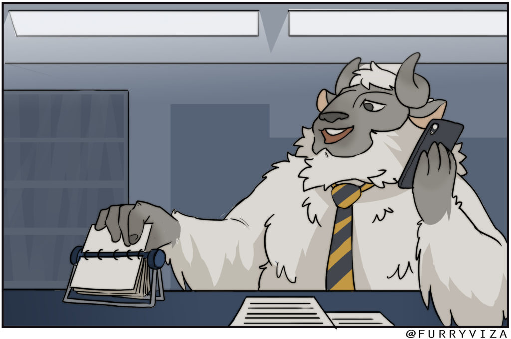 A yak in a business shirt and tie talking on the phone while scrolling through a rolodex.