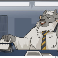 A yak in a business shirt and tie talking on the phone while scrolling through a rolodex.