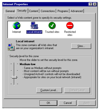 Screenshot from Windows 98's Internet Properties → Security tab, showing different settings for Internet, Local intranet, Trusted sites, and Restricted sites.